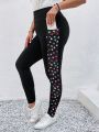 SHEIN LUNE Plus Size Women Valentine's Day Heart Pocket Tight-Fitting Leggings