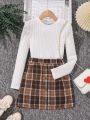 SHEIN Kids Cooltwn Tween Girl Ribbed Knit Tee & Plaid Print Skirt