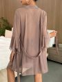 Contrast Lace Flounce Sleeve Bow Front Mesh Robe & Cami Dress PJ Set