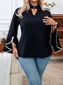SHEIN Unity Women's Plus Size Color Block Lace Trim Bell Sleeve Hollow Out Blouse