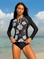 SHEIN Swim SPRTY Women'S Floral Printed Spliced Bikini Set