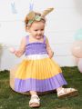 SHEIN Baby Girl'S Summer Vacation Shirred Color Block Sundress With Ruffle Straps