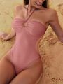 Women'S Halter Neck One-Piece Swimsuit With Front Ruching Detail