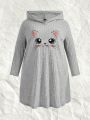 SHEIN CURVE+ Women's Plus Size Cartoon Embroidery Hooded Fleece Long Sleeve Dress