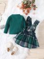 Baby Girls' Plaid Overall Skirt With Ribbed Long Sleeve Top For Autumn And Winter