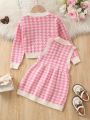 Baby Girl Houndstooth Sleeveless Sweater Dress And Button Up Cardigan Set