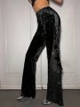 SHEIN ICON Low Rise Velvet Pants With Rhinestone Detail