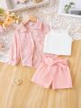 SHEIN Baby Girls' Casual Floral Pattern Long Sleeve Shirt, Camisole, Shorts 3pcs Outfits With Chiffon