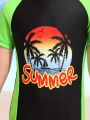 Young Boy'S Letter And Coconut Tree Print Short Sleeve Swimsuit With Shorts