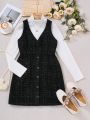 SHEIN Teen Girls' Knitted Ribbed High-neck T-shirt And Woolen Plaid V-neck Dress 2pcs/set