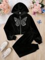 Teen Girls' Knitted Velvet Butterfly Embellished Hoodie And Jogger Pants Set, Winter