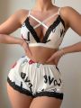 Women's Letter Printed Lace Insert Cami & Panty Set