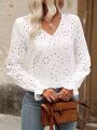 V-Neck Eyelet Embroidery Blouse With Trumpet Sleeves