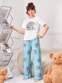 SHEIN Teenage Girls' Knitted Elephant & Bunny Pattern T-shirt And Pants Set For Home