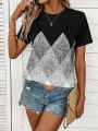 Women's Short Sleeve T-Shirt With Glitter Print Effect