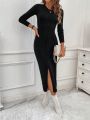 SHEIN LUNE Solid Color Round Neck Long Sleeve Slim Fit Casual Women's Sweater Dress