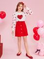 SHEIN Kids FANZEY Girls' Knitted Stand Collar Patchwork Top & Woven Mesh Skirt Set (matched With Sibling Outfits) (2 Sets Sold Separately)