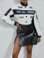 SHEIN ICON Letter Print Baseball Collar Short Padded Jacket