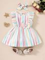 Baby Block Striped Ruffle Trim Bow Front Dress With Headband