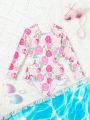 Young Girl's Floral Print Hollow Out Waist Long Sleeve One Piece Swimsuit