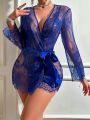 SHEIN Women'S Sexy Blue Lace Lingerie Set
