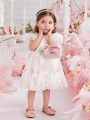 Baby Girls' Rose Printed Princess Dress With Ruffle Sleeve And Tulle Skirt