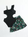 Tween Girls One-Piece Swimsuit With Bottoms And Plant Print Cover-Up Skirt, 2pcs/Set