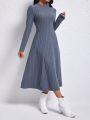 Solid Color Long Sleeve Ribbed Knit Dress