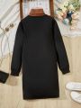 SHEIN Kids EVRYDAY Teenage Girls' Color Block Turtleneck Sweater Dress