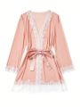 Women's Fashionable Pink Robe With Lace Trim