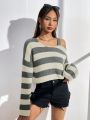 Striped Pattern Asymmetrical Neck Drop Shoulder Sweater