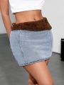 SHEIN ICON Women's Patchwork Plush Denim Midi Skirt