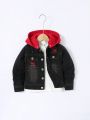 Young Boys' Basic Casual College Style Red Loose Fit Denim Jacket Coat With Patchwork And Embroidery Design