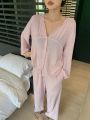 DAZY Women's Pink Comfortable And Loose Pajama Set With V-neck