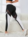 Colorblock Mesh Insert Wideband Waist Sports Leggings