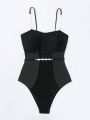 SHEIN Swim Chicsea Ladies' Fashionable One-Piece Swimsuit With Imitation Pearl Decorated Plunging Neckline Design