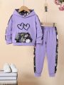 SHEIN Kids EVRYDAY Girls (small) Love Floral Hooded Sweatshirt And Sweatpants Set