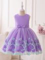 Little Girls' Mesh Patchwork Party Dress With Bow Decoration And Applique