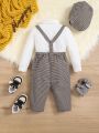 SHEIN Baby Boy Plaid Print Bow Front Shirt & Suspender Pants & Hat