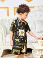 SHEIN Kids FANZEY Young Boys' Baroque Printed Shirt And Shorts Set