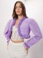 SHEIN ENCHNT Women's 3d Floral Open Front Woolen Coat With Mesh Net Fabric