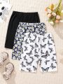 SHEIN Kids SUNSHNE Teen Girls' Solid Color Plus Flower & Butterfly Print Bottoming Shorts Set (3pcs)