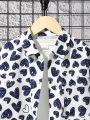 SHEIN Tween Boys' Casual Heart Printed Short-Sleeved Placket Fleece Shirt With Collar, Summer