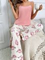 Women'S Cami Tank Top And Flower Printed Pajama Set