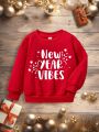 Little Girls' Casual New Year Element Patterned Long Sleeve Round Neck Sweatshirt Suitable For Autumn And Winter