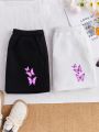 SHEIN Kids EVRYDAY Girls' Knitted Monochrome Butterfly Pattern Loose And Casual Shorts 2pcs/set