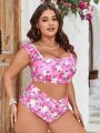 SHEIN Swim Mod Plus Size Women's Swimsuit Set With Floral Print And Ruffled Hem