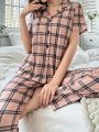 Women's Plaid Short Sleeves Button-front Pajama Set