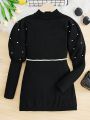 SHEIN Tween Girl Pearls Beaded Gigot Sleeve Mock Neck Sweater Dress Without Belt