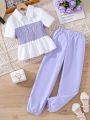 SHEIN Kids FANZEY Girls' (Big) Short Sleeve Striped Button-Front Top And Elastic Cuff Long Pants Set